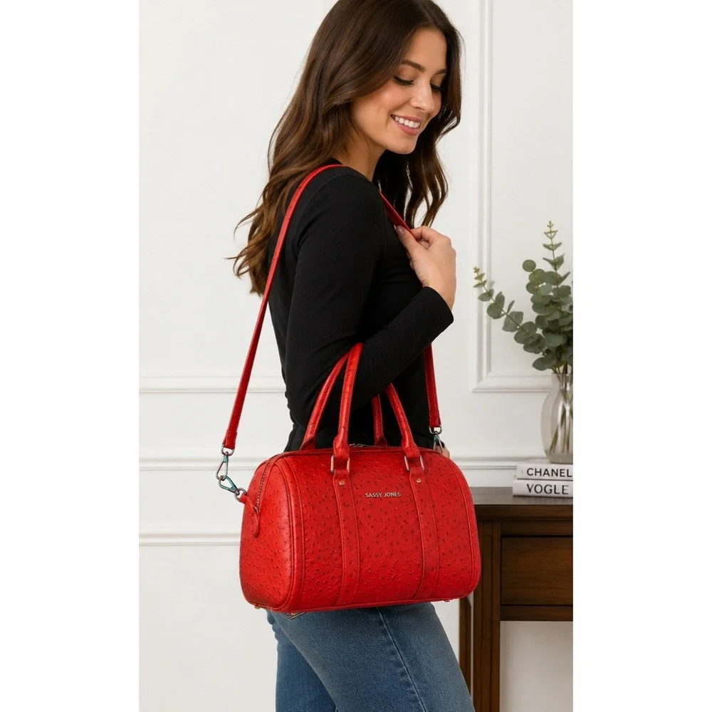 SASSY JONES Red Ostrich Embossed Satchel Handbag Shoulder Bag